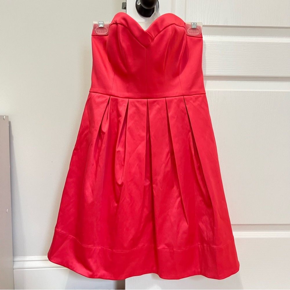 Rebecca Taylor Hot Pink Red Coral Sweetheart Strapless Pleated Satin Mini Dress